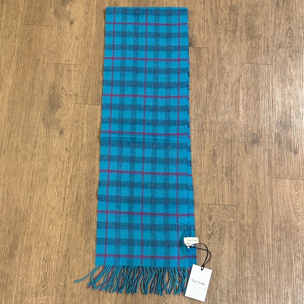 (New) Paul Smith- Made in England 100% Cashmere Turquoise Checked Scarf